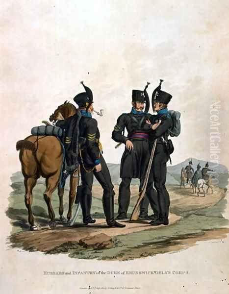 Hussars and Infantry of the Duke of Brunswick Oelss Corps, from Costumes of the Army of the British Empire, according to the last regulations 1812, engraved by J.C. Stadler, published by Colnaghi and Co. 1812-15 Oil Painting by Charles Hamilton Smith