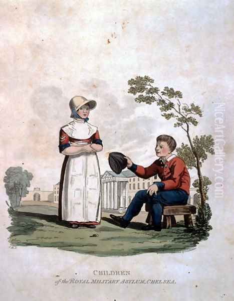 Children at the Royal Military Asylum, Chelsea, from Costumes of the Army of the British Empire, according to the last regulations 1812, engraved by J.C. Stadler, published by Colnaghi and Co. 1812-15 Oil Painting by Charles Hamilton Smith