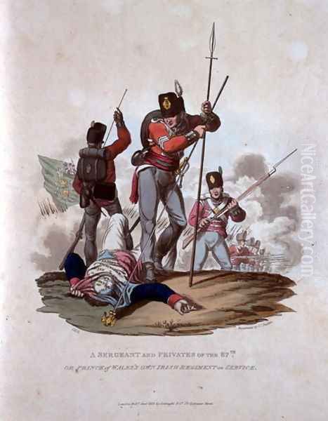 A Sergeant and Privates of the 87th, or Prince of Waless Own Irish Regiment on Service, from Costumes of the Army of the British Empire, according to the last regulations 1812, engraved by J.C. Stadler, published by Colnaghi and Co. 1812-15 Oil Painting by Charles Hamilton Smith