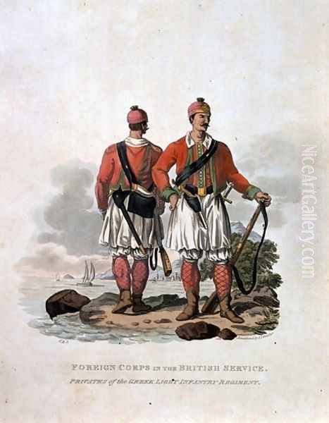 Foreign Corps in the British Service, Privates of the Greek Light Infantry Regiment, from Costumes of the Army of the British Empire, according to the last regulations 1812, engraved by J.C. Stadler, published by Colnaghi and Co. 1812-15 Oil Painting by Charles Hamilton Smith