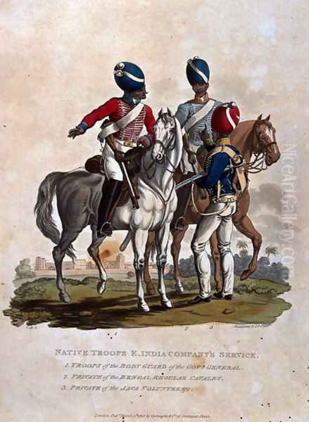 Native Troops, East India Companys Service, Troops of the Body Guard of the Governor General, Private of the Bengal Regular, from Costumes of the Army of the British Empire, according to the last regulations 1812, published by Colnaghi and Co. 1812-15 Oil Painting by Charles Hamilton Smith