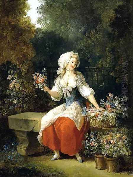 Flower-Woman in Red Apron Oil Painting by Jean-Frederic Schall