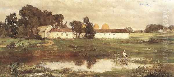 Puszta with Stork 1870 Oil Painting by Pal Merse Szinyei