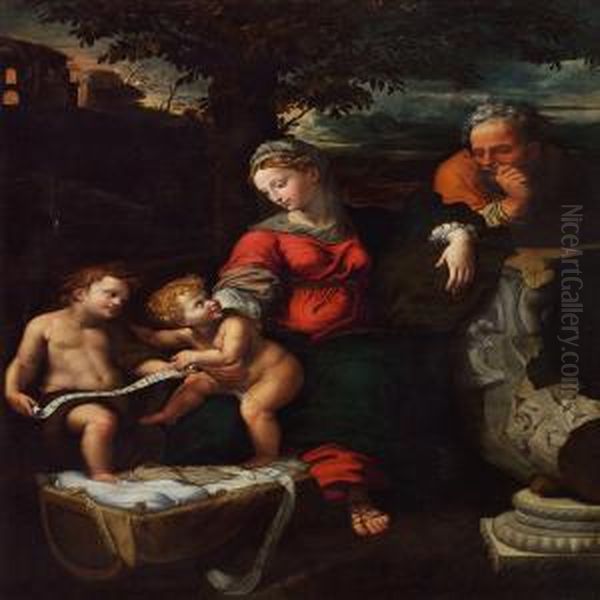 The Holy Family With The Infant St.john The Baptist Oil Painting by Giulio Romano