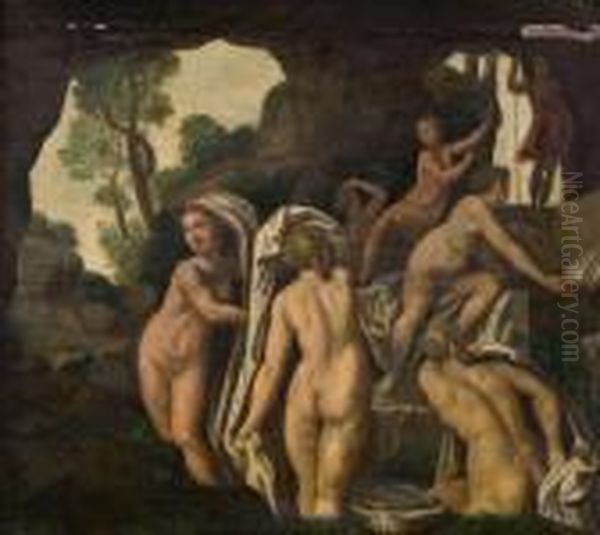 Aktaeon Beobachtet Diana Und Ihre Nymphen Im Bad Oil Painting by Giulio Romano