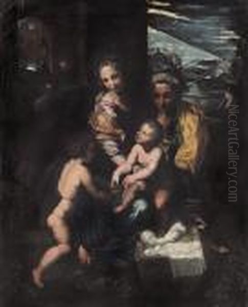 Sacra Famiglia Con Santa Elisabetta E San Giovannino Oil Painting by Giulio Romano