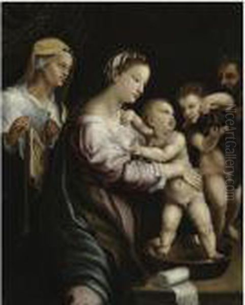 The Holy Family With The Infant Saint John The Baptist And Saintelizabeth Oil Painting by Giulio Romano