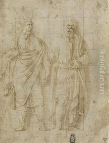 Socrates And A Barbarian, Hands Clasped Oil Painting by Giulio Romano