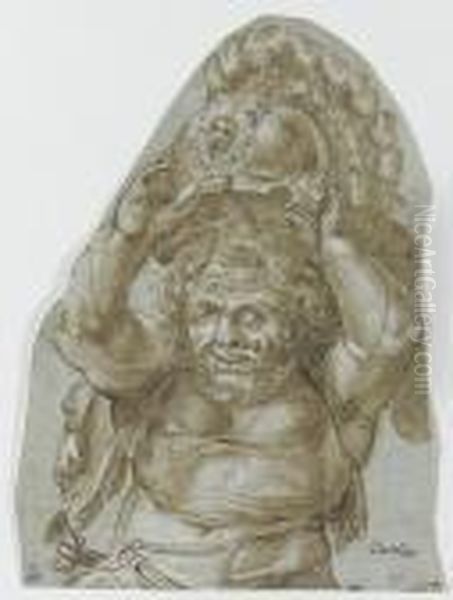 A Dwarf Carrying A Soldier's Helmet Oil Painting by Giulio Romano