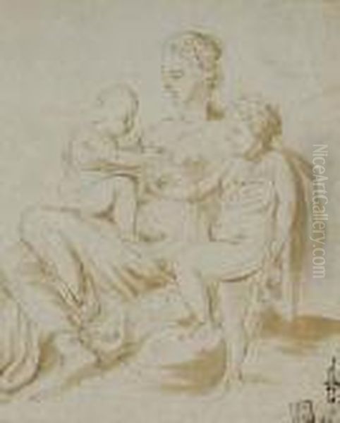 A Seated Mother And Her Two Children Oil Painting by Giulio Romano