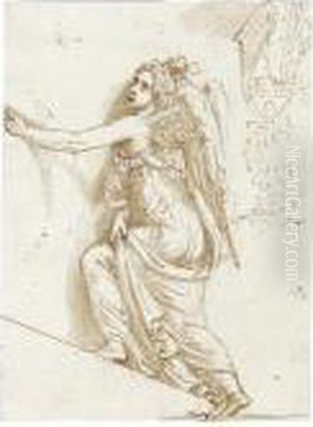 A Winged Female Figure Holding A Wreath Oil Painting by Giulio Romano