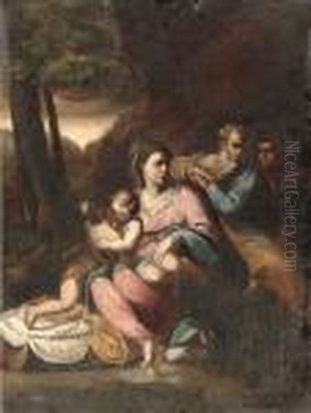 The Holy Family With The Infant Saint John The Baptist And A Monk Oil Painting by Giulio Romano