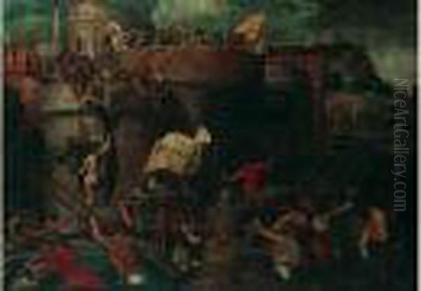 La Prise D'une Ville Dans Un Encadrement Peint Oil Painting by Giulio Romano