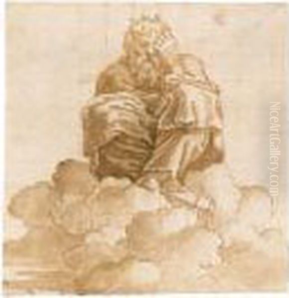 A Male Figure Seated On Clouds: Part Of A Design For A Ceiling Decoration Oil Painting by Giulio Romano