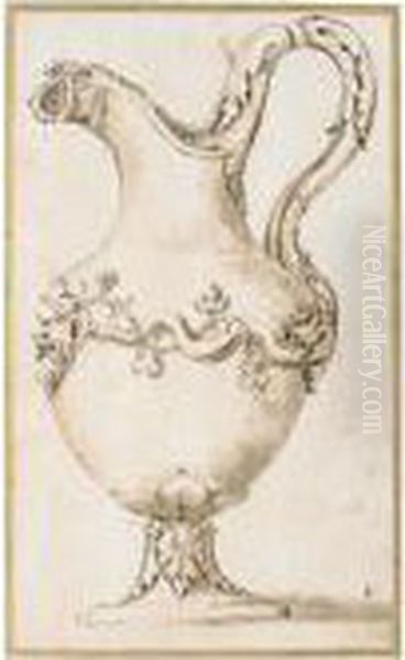 Design For A Ewer With Acanthus Leaves And The Head Of A Faun Oil Painting by Giulio Romano