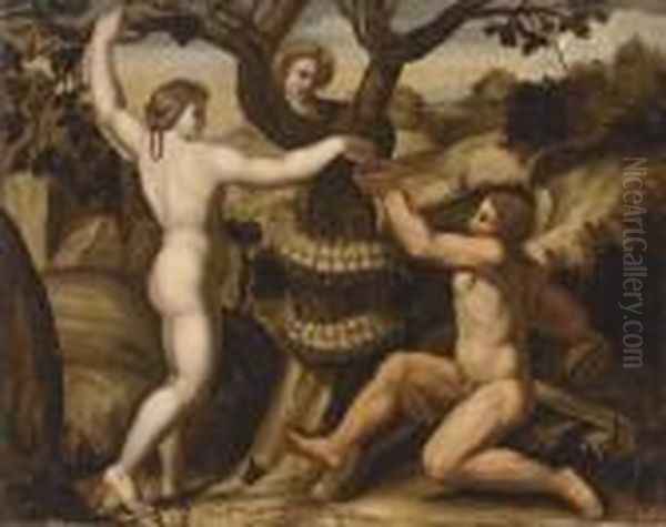 The Temptation Of Adam And Eve Oil Painting by Giulio Romano