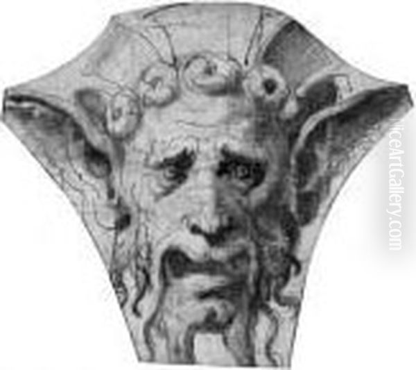 Head Of A Satyr: Design For A Grotesque Oil Painting by Giulio Romano