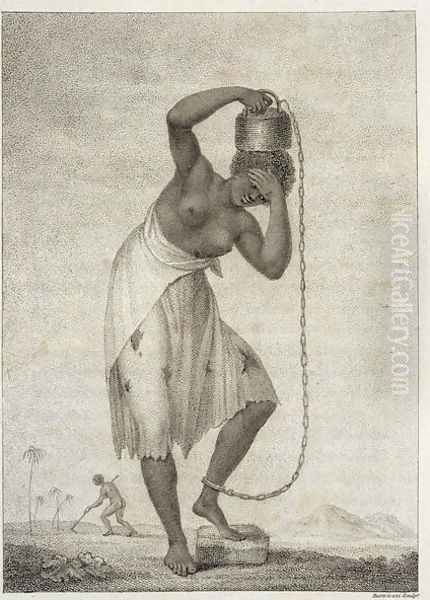 A Female Negro Slave, with a Weight chained to her ankle, from Narrative of a Five Years Expedition against the Revolted Negroes of Surinam, in Guiana, on the Wild Coast of South America, from the year 1772 to 1777, engraved by Francesco Bartolozzi Oil Painting by John Gabriel Stedman