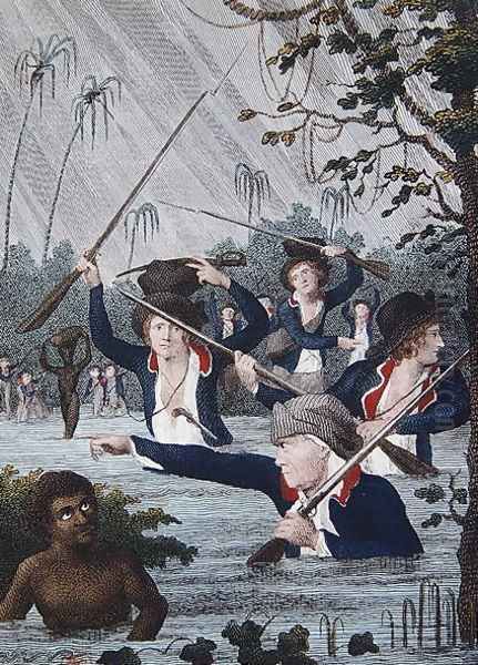 March Through a Swamp in Pursuit of Slaves, from Narrative of a Five Years Expedition against the Revolted Negroes of Surinam, in Guiana, on the Wild Coast of South America, from the year 1772 to 1777, engraved by Francesco Bartolozzi 1727-1815 Oil Painting by John Gabriel Stedman