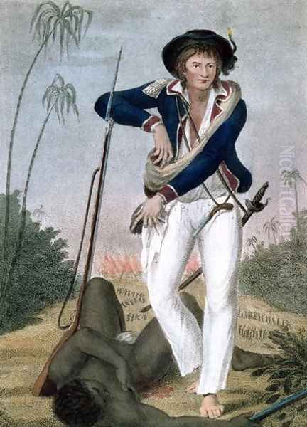 Self Portrait of the artist with a dead slave at his feet, from Narrative of a Five Years Expedition against the Revolted Negroes of Surinam, in Guiana, on the Wild Coast of South America, from the year 1772 to 1777, engraved by Francesco Bartolozzi Oil Painting by John Gabriel Stedman