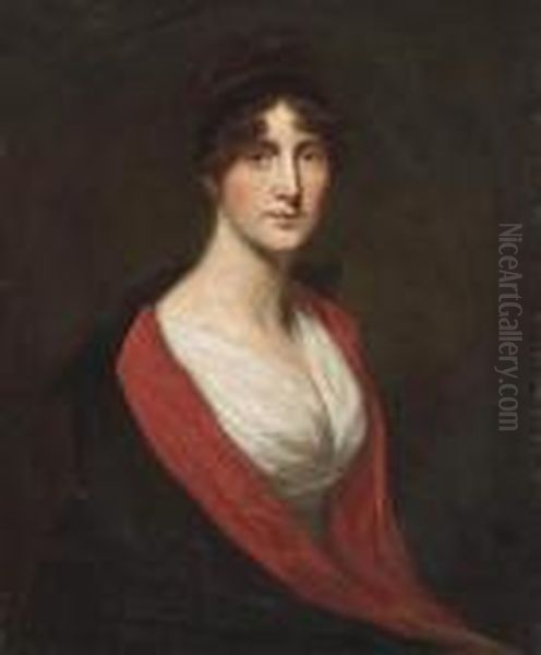 Portrait Of A Lady, 
Traditionally Identified As Hannah Penrice (1760-1829), Half-length, In A
 Black And Red Coat Oil Painting by George Romney