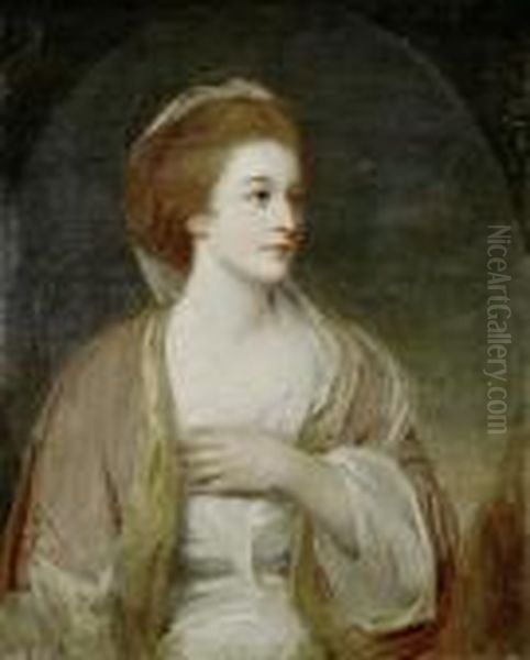 Portrait Of A Lady, Said To Be 
Frances Woodley, Half-length, In A White Dress With Blue Sash And A Pink
 Shawl Standing Before A Landscape Oil Painting by George Romney