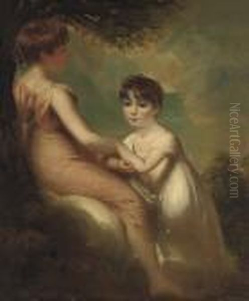 Portrait Of Two Children, Full-length, In Classical Dress, In Awooded Landscape Oil Painting by George Romney