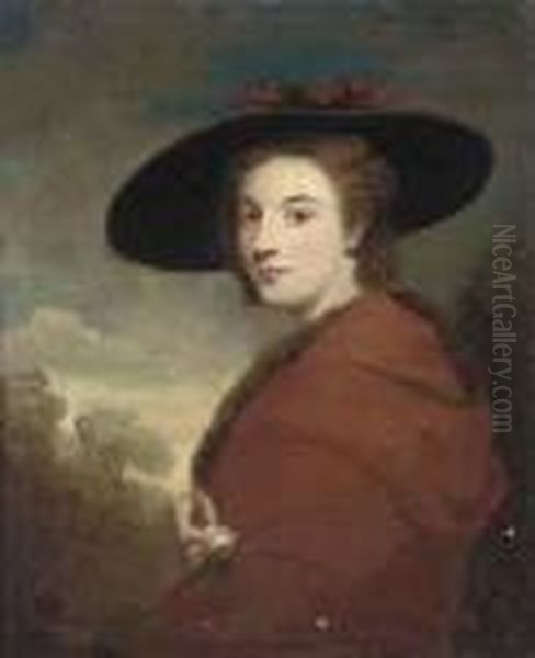 Portrait Of A Lady, Half-length,
 In A Red Fur-trimmed Cloak Andblack Hat, A Rose In Her Right Hand, In A
 Landscape Oil Painting by George Romney