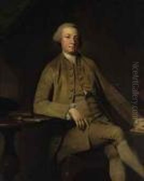 Portrait Of A Gentleman Seated, Full-length, A Table Besidehim Oil Painting by George Romney