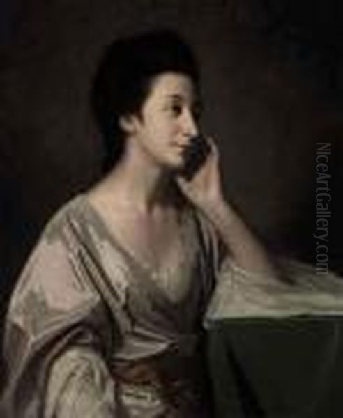 Portrait Of Mrs John Gathorne, 
Half-length, In A Silver Gown, Herleft Elbow Resting On A Table Oil Painting by George Romney