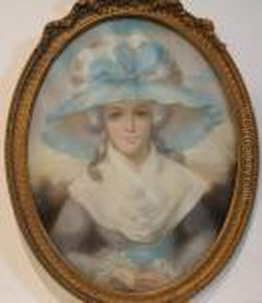 Portrait Of A Lady Wearing A Hat With Blue Ribbon Oil Painting by George Romney