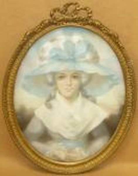 Half Length Portrait Of Young Lady Wearing Wide Brimmed Hat Oil Painting by George Romney