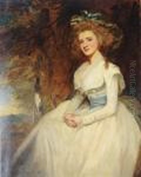 Portrait Of A Lady Wearing A White Dress And Green Bonnet Oil Painting by George Romney