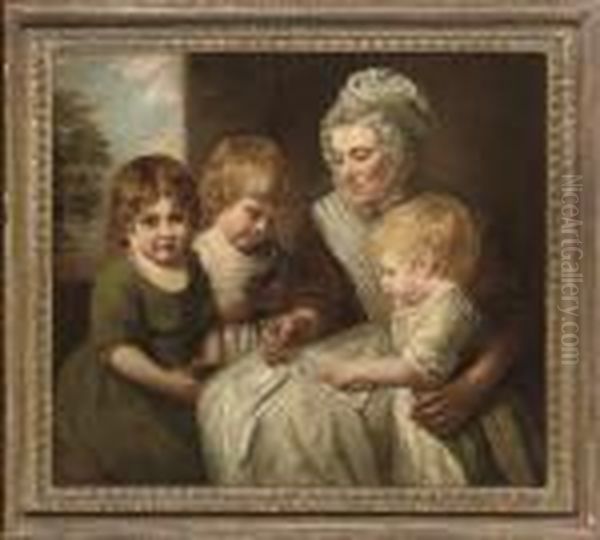 Portrait Of A Governess With 
Three Children, Three-quarter-length, Seated, With A Primer, A Landscape
 Beyond Oil Painting by George Romney