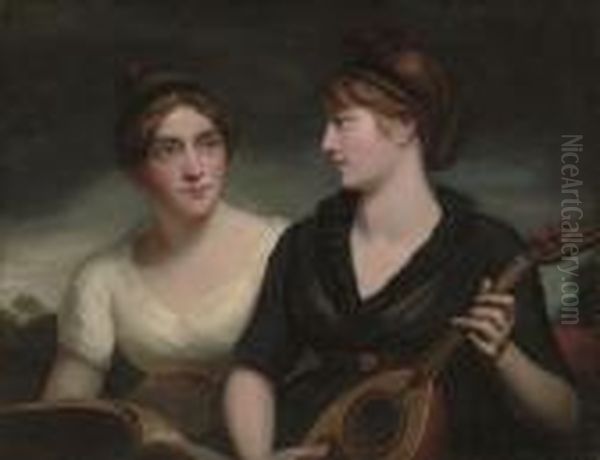 A Double Portrait Of Sisters, 
Half-length, One In A Black Dress Playing A Lute, The Other In A White 
Dress Holding A Musical Score, A Landscape Beyond Oil Painting by George Romney