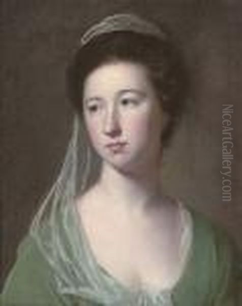 Portrait Of A Lady Traditionally
 Identified As Lady Cicilia Halliwell, Bust-length, In A Green Dress And
 Pale Green Veil Oil Painting by George Romney