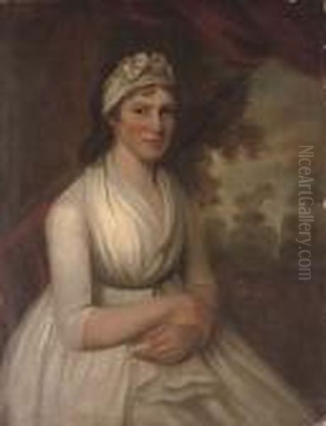 Portrait Of A Lady, Seated 
Half-length, In A White Dress With A White Ribbon In Her Hair, An 
Extensive Landscape Beyond Oil Painting by George Romney