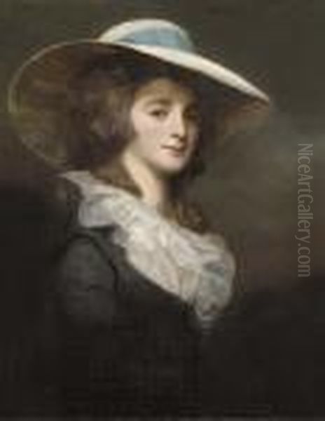 Portrait Of Lady Herries, 
Half-length, In A Grey Dress And Whitecollar, With A Wide-brimmed White 
Hat With A Blue Ribbon Oil Painting by George Romney