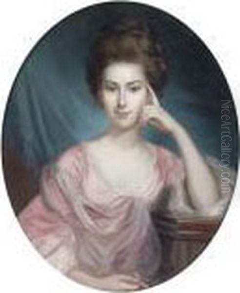 Portrait Of A Lady, Half-length, In A Pink Dress, Holding A Miniature Oil Painting by George Romney