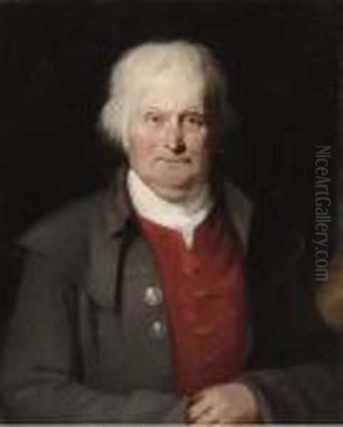 Portrait Of A Gentleman, Three-quarter-length, In A Red Shirt And Grey Coat Oil Painting by George Romney