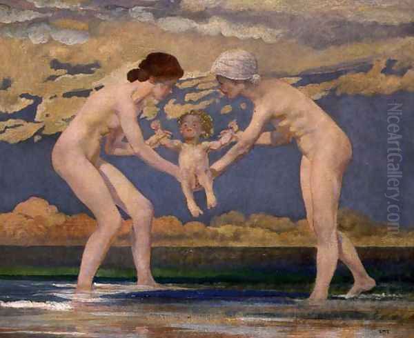 The Waters Edge- Two Women and a Baby Oil Painting by Charles Sims