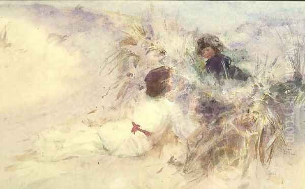 The Artists Wife and Son on the Dunes at Etretat, Normandy Oil Painting by Charles Sims