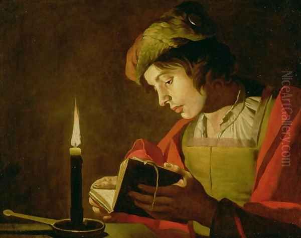 Young Man Reading by Candle Light Oil Painting by Matthias Stomer