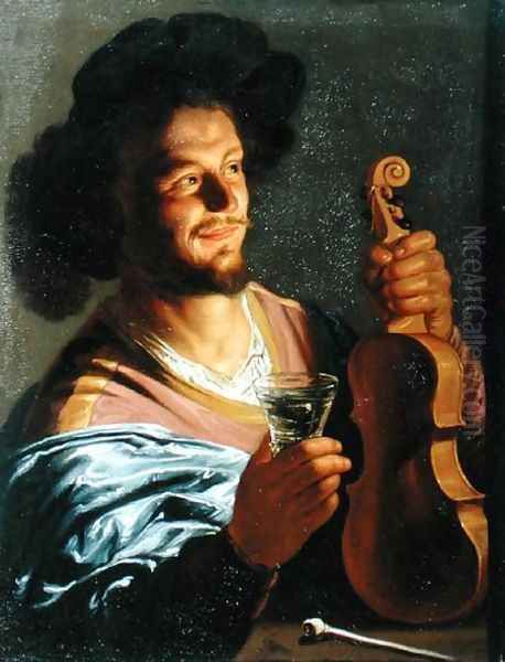 Man with a Fiddle and Glass in Hand Oil Painting by Matthias Stomer