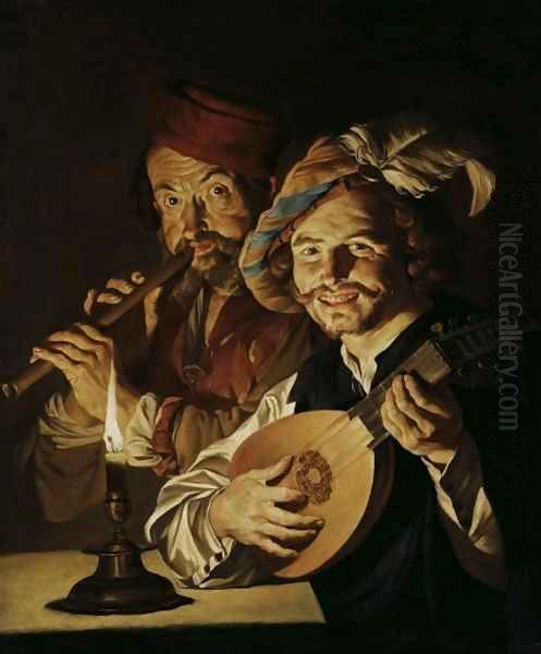 The Lautenist and the Flautist 1640 1650 Oil Painting by Matthias Stomer