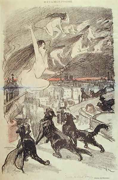 Metamorphosis - black cats transforming themselves into witches, late 19th century Oil Painting by Theophile Alexandre Steinlen