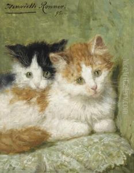 Two Kittens Sitting On A Cushion Oil Painting by Henriette Ronner-Knip