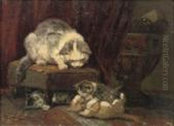 A Mother Cat Watching Her Kittens Play Oil Painting by Henriette Ronner-Knip