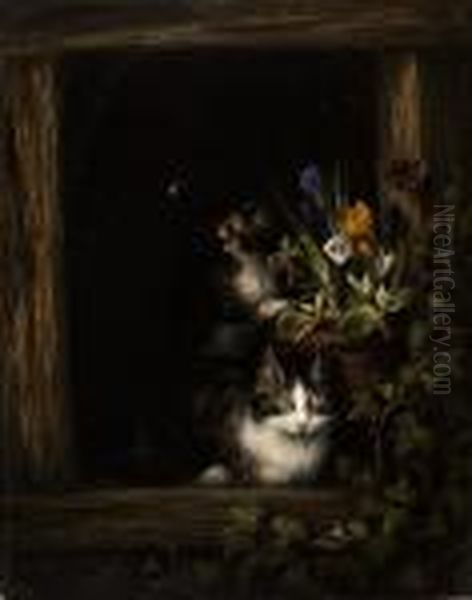 Cat With Playfull Kitten Oil Painting by Henriette Ronner-Knip