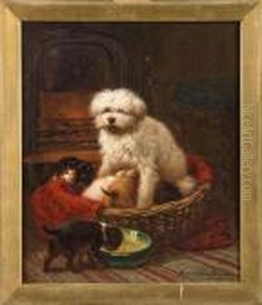 Chienne Et Ses Petits Devant La Cheminee Oil Painting by Henriette Ronner-Knip